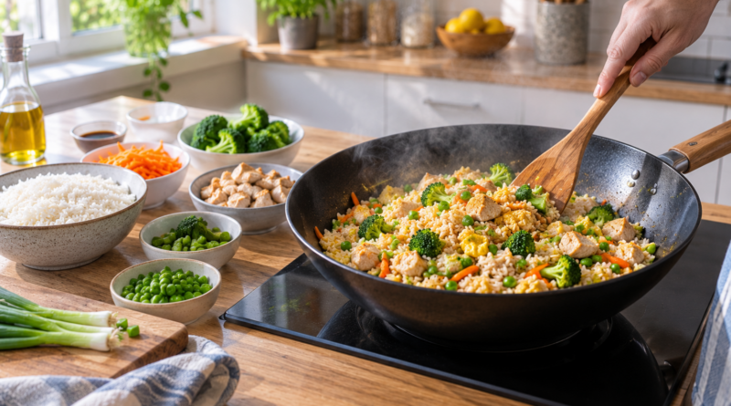Arroz salteado con sobras seguras: orden de cocción