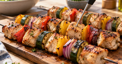 Brochettes de pollo y vegetales: cocción pareja y segura