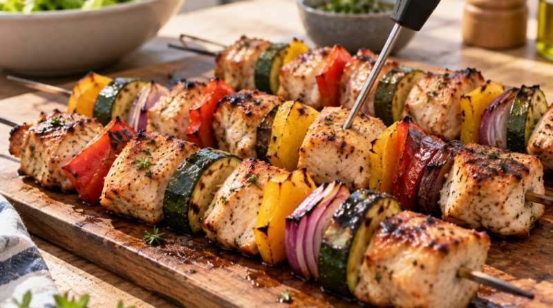 Brochettes de pollo y vegetales: cocción pareja y segura